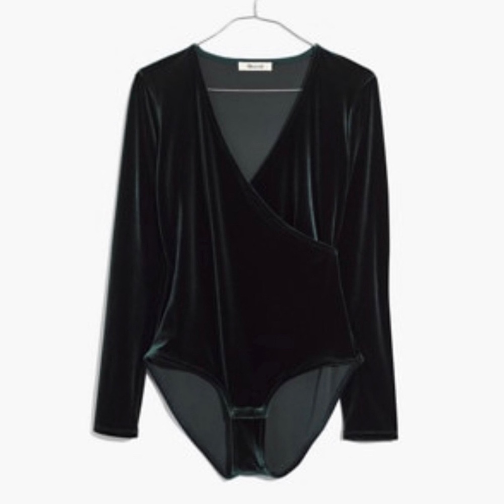 Madewell Velvet Wrap Bodysuit Forest Green Plush Stretch V-Neck Cozy Soft